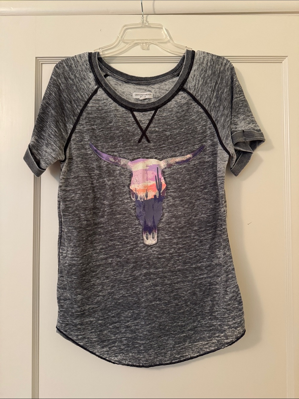 Grayson Threads Short Sleeve Gray Tee with Sunset Bull Skull Graphic